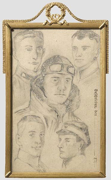 Manfred Freiherr von Richthofen - Feldpostkarte: mit Bleistiftportraits von Richthofens sowie von Wolff, Krefft, Bockelmann und Meyer aus seiner Jasta 11, rs. 16 Bleistiftunterschriften der Staffelmitglieder Scheffer, Müller, Niederhoff, v. Schöne