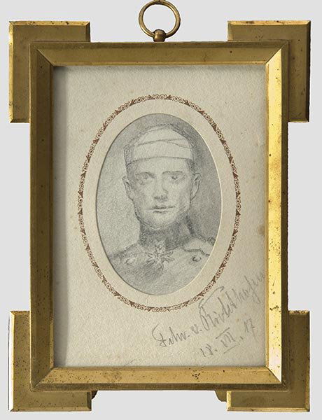 Manfred Freiherr von Richthofen,: erfolgreichster Jagdflieger des 1. Weltkrieges, Ritter des Ordens Pour le mérite. Bleistiftportrait von Richthofens in Uniform mit Kopfverband und angelegtem Pour le Mérite, das Passepartout mit Ble