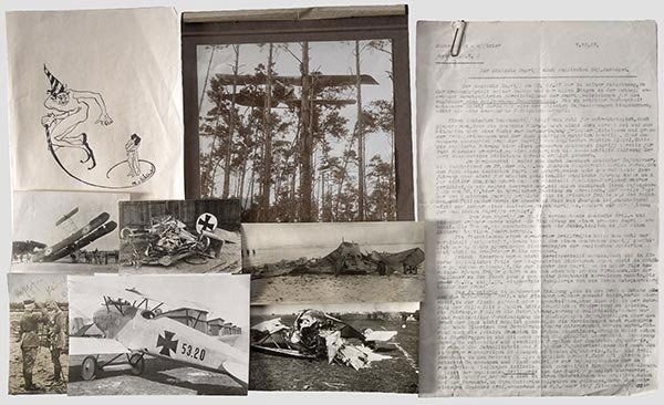 Manfred Freiherr von Richthofen,: erfolgreichster Jagdflieger des 1. Weltkrieges, Ritter des Ordens Pour le mérite. Tuschezeichnung, Telegramme, Persönliches und über 70 militärische Fotos. Signierte Tuschezeichnung auf der Rücks