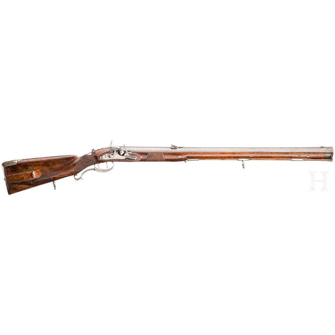 A percussion rifle, Goellner, Suhl, ca. 1830: Gezogener Oktagonallauf aus Damaststahl im Kaliber 17 mm, Seele leicht rau mit gutem Zug-/Feldprofil, auf der Oberseite spÃ¤tere (?), geschnittene Standkimme mit einer Klappe, dahinter silbereingele