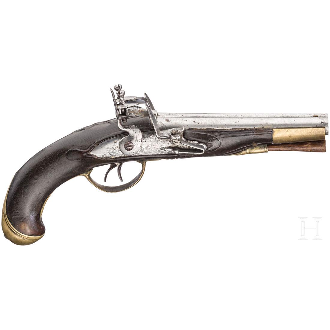 A double barrelled flintlock pistol, France, ca. 1800: Nebeneinanderliegende LÃ¤ufe mit gekehlter Mittelschiene. Glatte Seelen im Kaliber 12 mm. SteinschlÃ¶sser mit leicht gewÃ¶lbten Platten. Leicht verschnittener Schaft aus Nussbaumholz mit moderne
