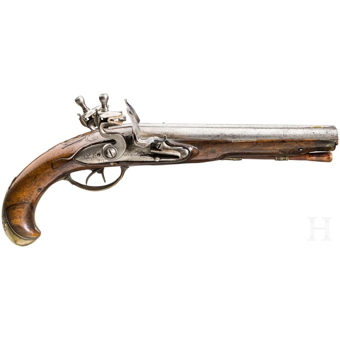 A double-barreled flintlock pistol, Franz Adam in: Nebeneinanderliegende, runde, leicht narbige LÃ¤ufe mit glatter (rechts) bzw. gezogener (links) Seele im Kaliber 14 mm und Messingkorn. Signierte SteinschlÃ¶sser. Beschnitzter Nussholzschaft mit f