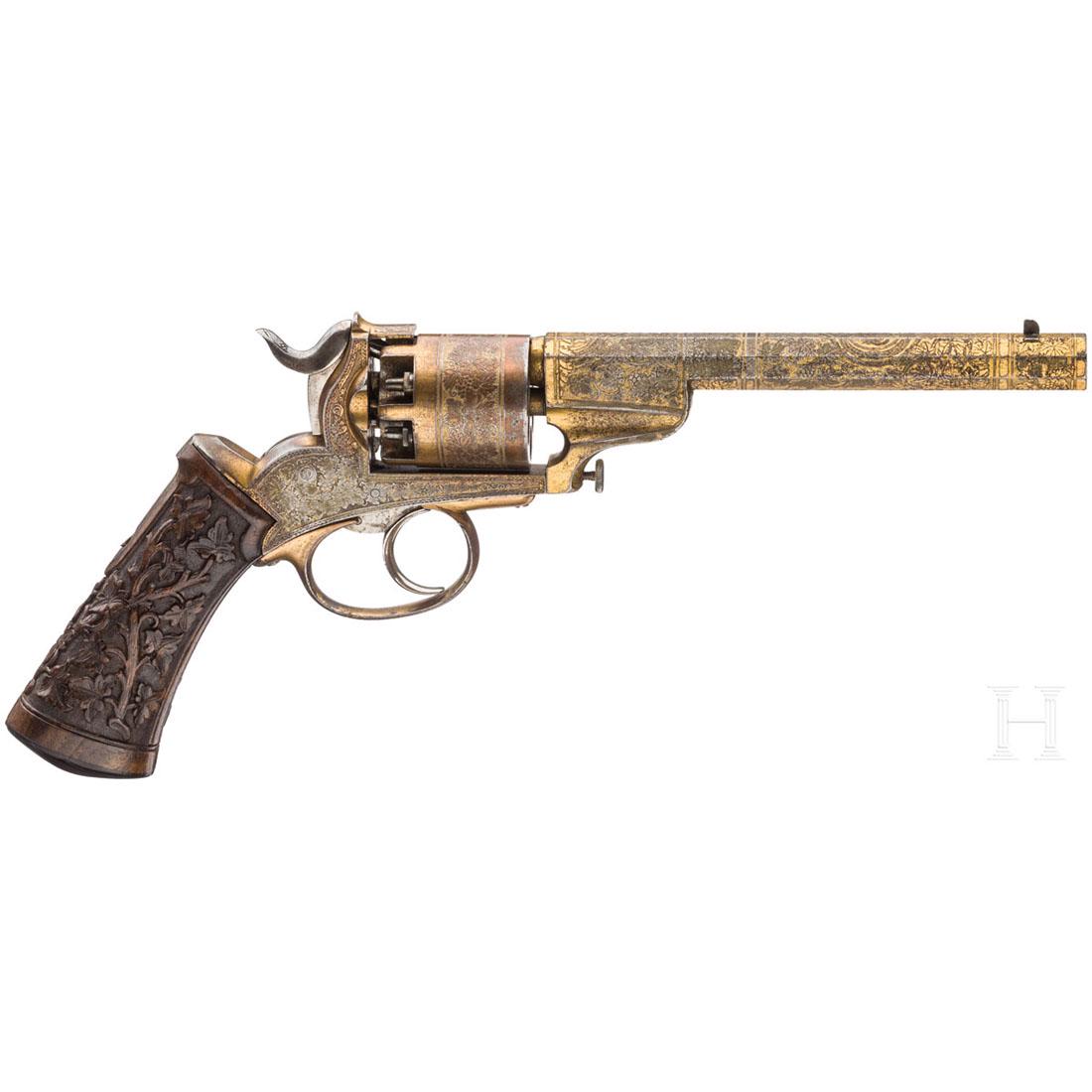 A deluxe percussion revolver, patent David Herman,: Kal. 12 mm Blackpowder, Nr. 7402, SA/DA, matter, 16 cm Oktagonallauf (im Bereich der Laufwurzel starke Fehlstellen durch Korrosion). ELG/Stern Beschuss und Krone/U Beschaumarke. Links unter der Ladepr