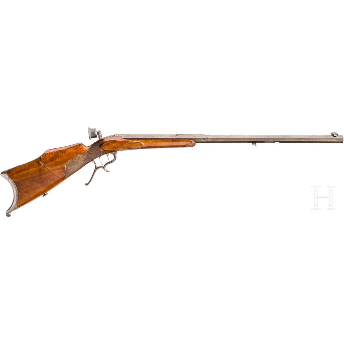 Zimmerstutzen Jung, Landsberg, Ende 19. Jhdt.: Kal. 4 mm lang RZ, Nr. 11356, Oktagonales TrÃ¤gerrohr, LÃ¤nge 68 cm, Kurzlauf ca. 20 cm. Standvisier. Laufwurzel silbertauschiert signiert "W. Jung Landsberg a/L.". Diopter. Dt. Stecher. Originale