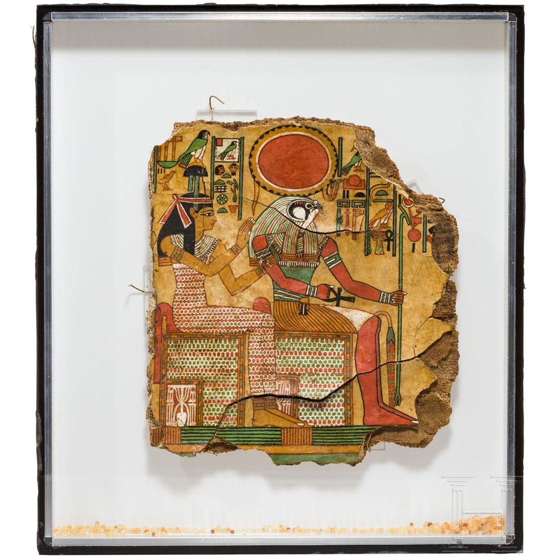 Isis and Ptah-Sokar on an Egyptian polychrome mummy: Fragment of a mummy cartonnage. Isis and the falcon-headed death god Ptah-Sokar-Osiris, who carries the Ankh sign in his right hand and the Was scepter in his left, are depicted throningly. High quali