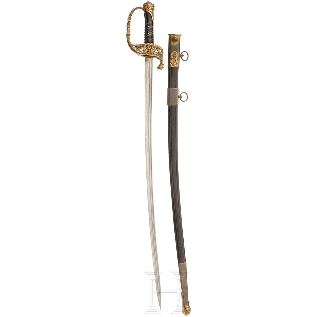 Sabre for officers of the navy, c. 1870: Leicht geschwungene, beidseitig doppelt gekehlte RÃ¼ckenklinge. Durchbrochen gearbeitetes und fein reliefiertes, vergoldetes MessinggefÃ¤ÃŸ, auf dem Stichblatt das Ankersymbol, Kunststoffhilze. 