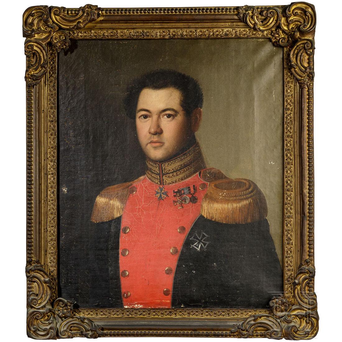 Portrait of a Russian officer of the life guard: Portrait of a Russian officer in uniform, with Kulmer cross, Pour le MÃ©rit medal, holy Vladimir medal and medal of 1812. Oil on canvas. Dimensions 73 x 60 cm. In original gilded tin mounted Charles