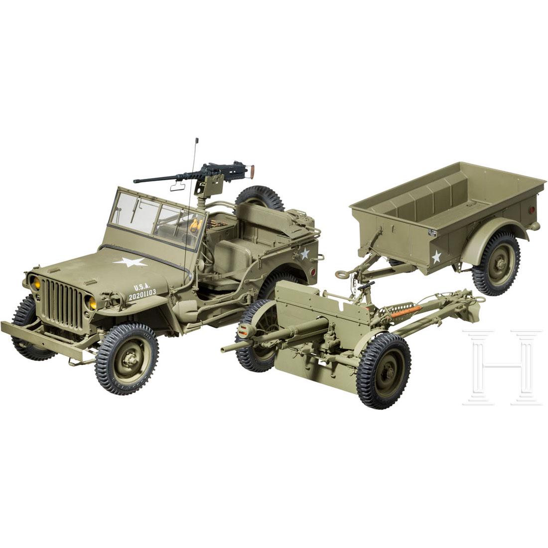 A hand-constructed model of a Ford GPW "Jeep" with M2: 1:8 scale model, nearly every part hand-made of metal, rubber, copper, cloth or glass. Unbelievable detail and realism, with every part functional to the smallest detail. Jeep: featuring a motor with
