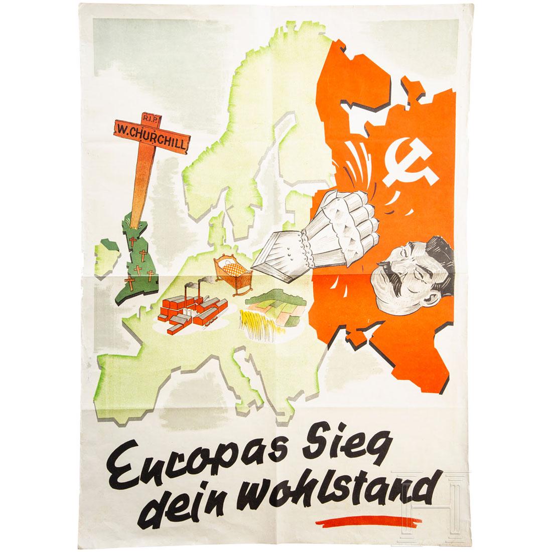 Plakat "Europas Sieg - dein Wohlstand": Mehrfarbig gestaltet, ohne KÃ¼nstlersignatur. MaÃŸe ca. 86 x 62 cm. Leichte Faltspuren, Fehlstellen an den Seiten. Zustand:II +