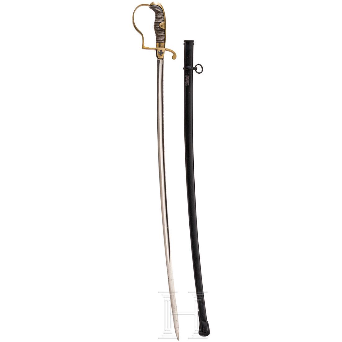 Prussian sabre for fusileers, before 1918: Vernickelte RÃ¼ckenklinge, gemarkt "W.K & C" unter KÃ¶nigskopf und Ritterhelm. Messing-BÃ¼gelgefÃ¤ÃŸ, drahtumwickelte Fischhauthilze, am terzseitigen Parierlappen aufgelegtes Miniatur-EK 191