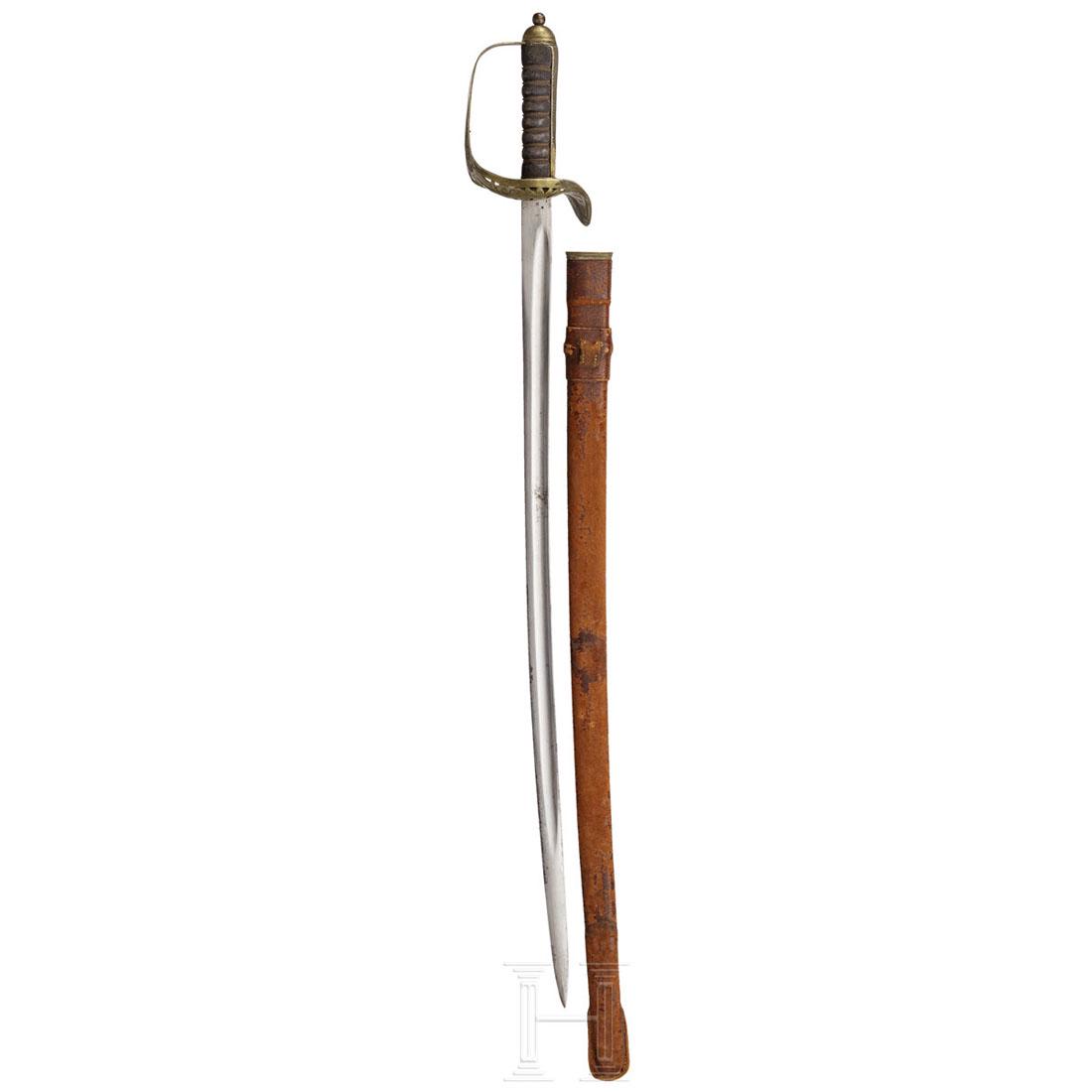 Sabre M 1895, worn since 1899: KrÃ¤ftige, minimal gekrÃ¼mmte, beidseitig gekehlte RÃ¼ckenklinge, an der Wurzel die verputzte broad-arrow-Abnahme, am RÃ¼cken gestempelt "522". Durchbrochen gearbeitetes KorbgefÃ¤ÃŸ aus Ne