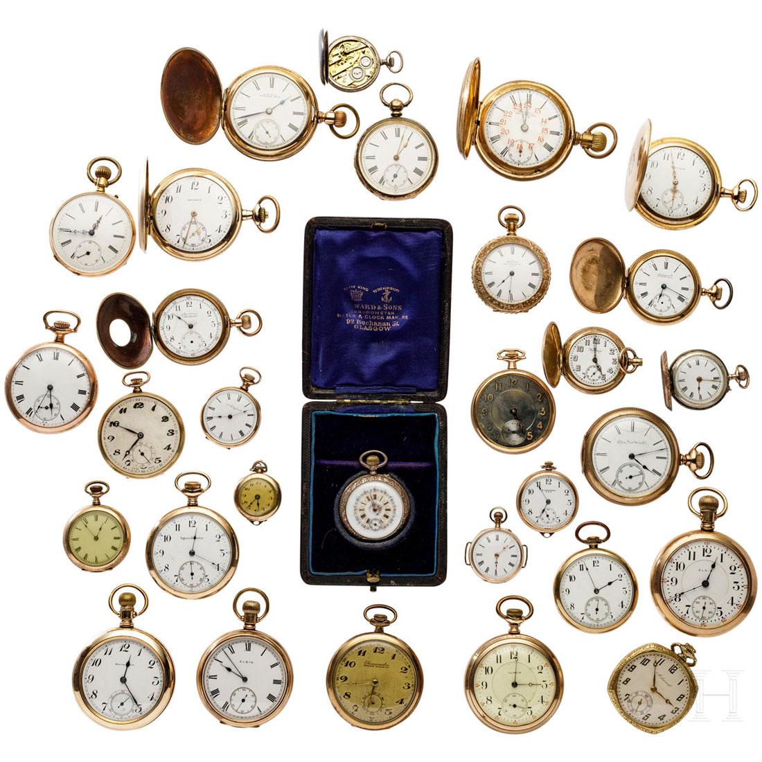 30 pocket watches: Various makers and models, manual winding. Diameters from 25 to 55 mm. Some incomplete, defective or in need of cleaning. Zustand:II - III
