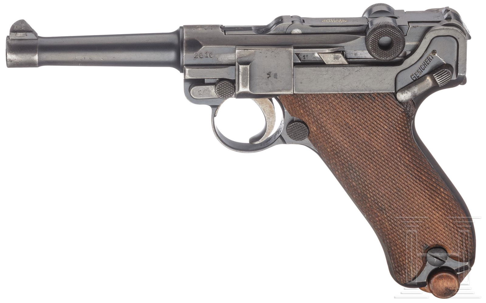 A Pistol 08, DWM 1910 / 1920, Reichswehr, with: Cal. 9 mm Luger, Nr. 2616c, Matching numbers incl. firing pin and grip panels. Slightly matt bore. Magazine for eight rounds. Certificate of proof mark absence. Later added bolt stop. No slot for shou