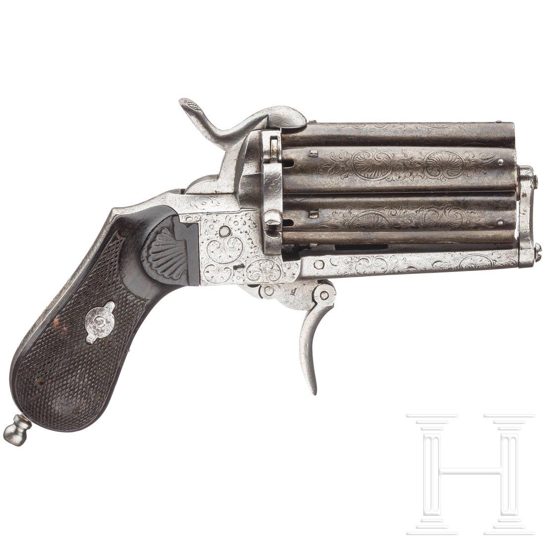 A pinfire pepperbox, Spain, ca. 1870: Kal. 9 mm Lefaucheux, Nr. 92, SA/DA, matte, glatte LÃ¤ufe. SechsschÃ¼ssig, am Abzug Kontrollmarke Krone/P. VollflÃ¤chig gravierter, blanker Rahmen, en suite graviertes, grau gebeiztes (?) Laufb�