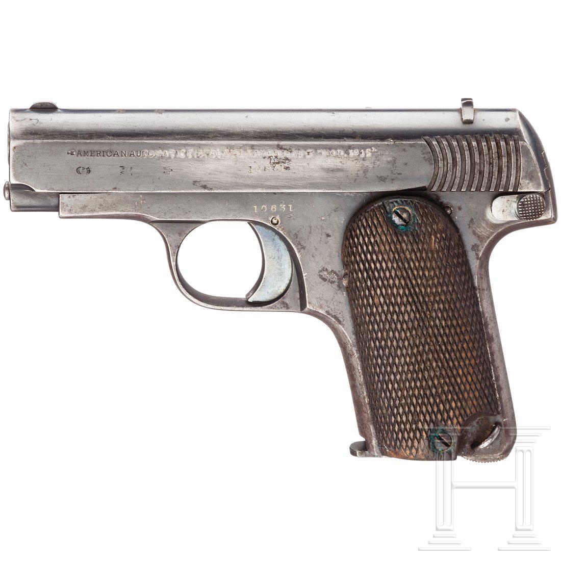 Walmann Mod. 1915: Kal. 7,65 m Brown., Nr. 10631, Lauf matt. SiebenschÃ¼ssig. Beschuss. Links am Verschluss gemarkt "American Automatic Pistol Walman Patent Mo. 1915". Originale BrÃ¼nierung links am Verschluss fleck