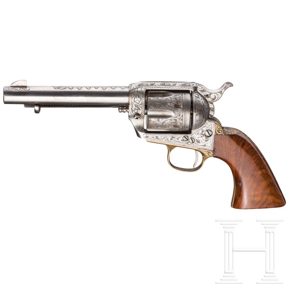 Colt SAA 1873, Armi JÃ¤ger, graviert: Kal. 4 mm M 20, Nr. 43718. Blanker Lauf, LÃ¤nge 5-1/2". SechsschÃ¼ssig. GÃ¼ltiger Beschuss. Lauf, Rahmen, Trommel und Hahn grau mit Rankengravuren. AbzugsbÃ¼gel mit GriffbÃ¤ndern Messing, gr
