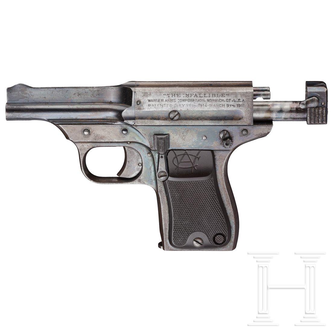 "The Infallible", 1st model: Cal. 7,65 mm, Nr. 1332, Matching numbers. Almost bright bore. Seven shots. Certificate of proof mark absence for collectors. Manufacture following Schwarzlose model 1908. On left side of breech housin