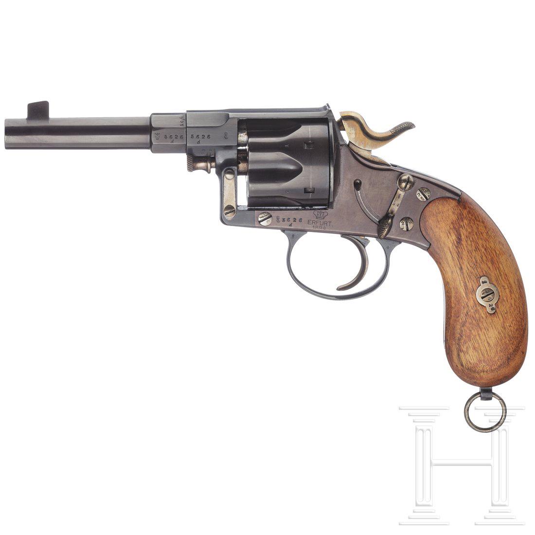 Reichsrevolver Mod. 1883, Erfurt: Kal. 10,6x25 R, Nr. 5626 d, nummerngleich inkl. Schrauben. Lauf matt, eingefettet. SechsschÃ¼ssig. Bescheinigung Ã¼ber Nichtbeschuss fÃ¼r Sammler. Fertigung "Krone / Erfurt /1894". Div. kaiserli