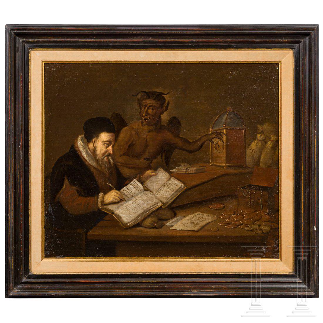 A Flemish Old Master painting, second half of the 17th: Oil on canvas. A merchant in typical robes sits at a counter, balancing his account books, counting his coins and rejoicing in his prosperity in the form of a casket overflowing with jewels. Meanwhile