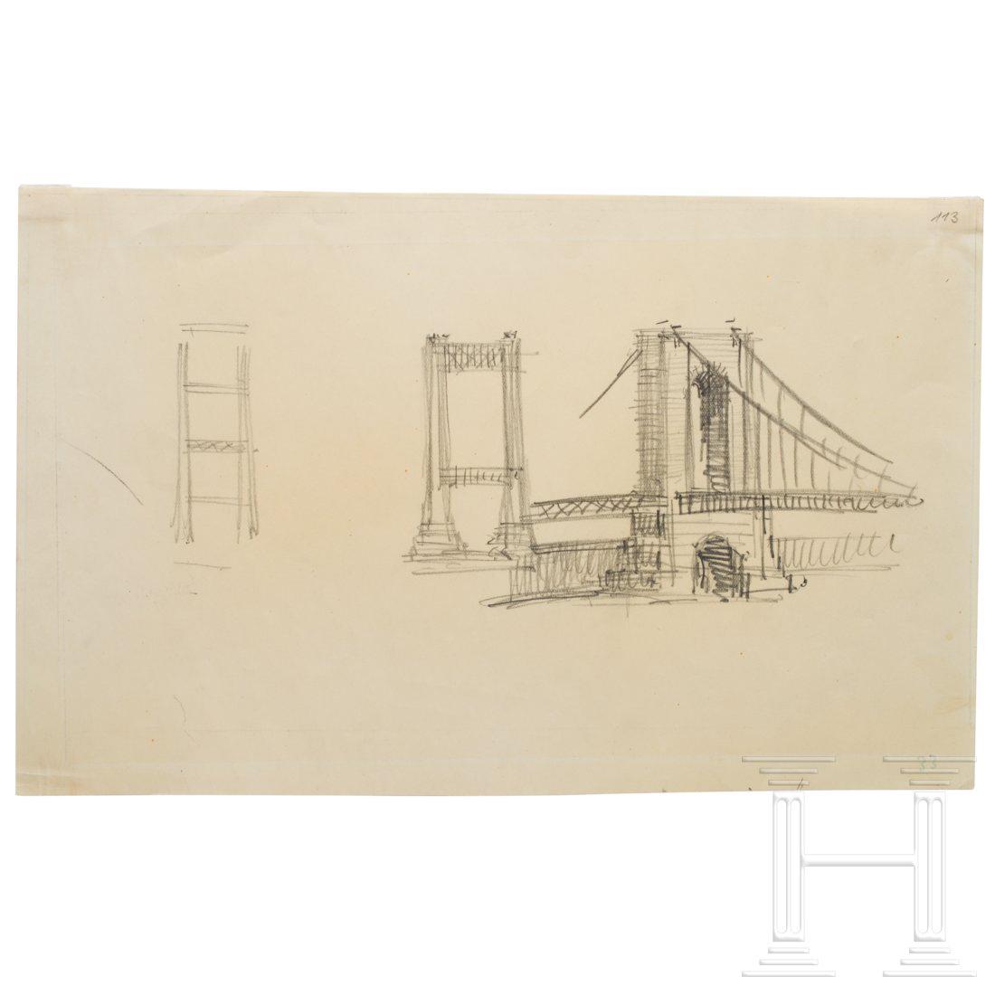 A preparatory sketch by Hitler for a suspension bridge: Pencil on paper, unsigned. Dimensions 16 x 28 cm. Comes with the affidavit signed by Albert Speer on 10 October 1979, to the effect that the present sketch is of the planned suspension bridge near Ham