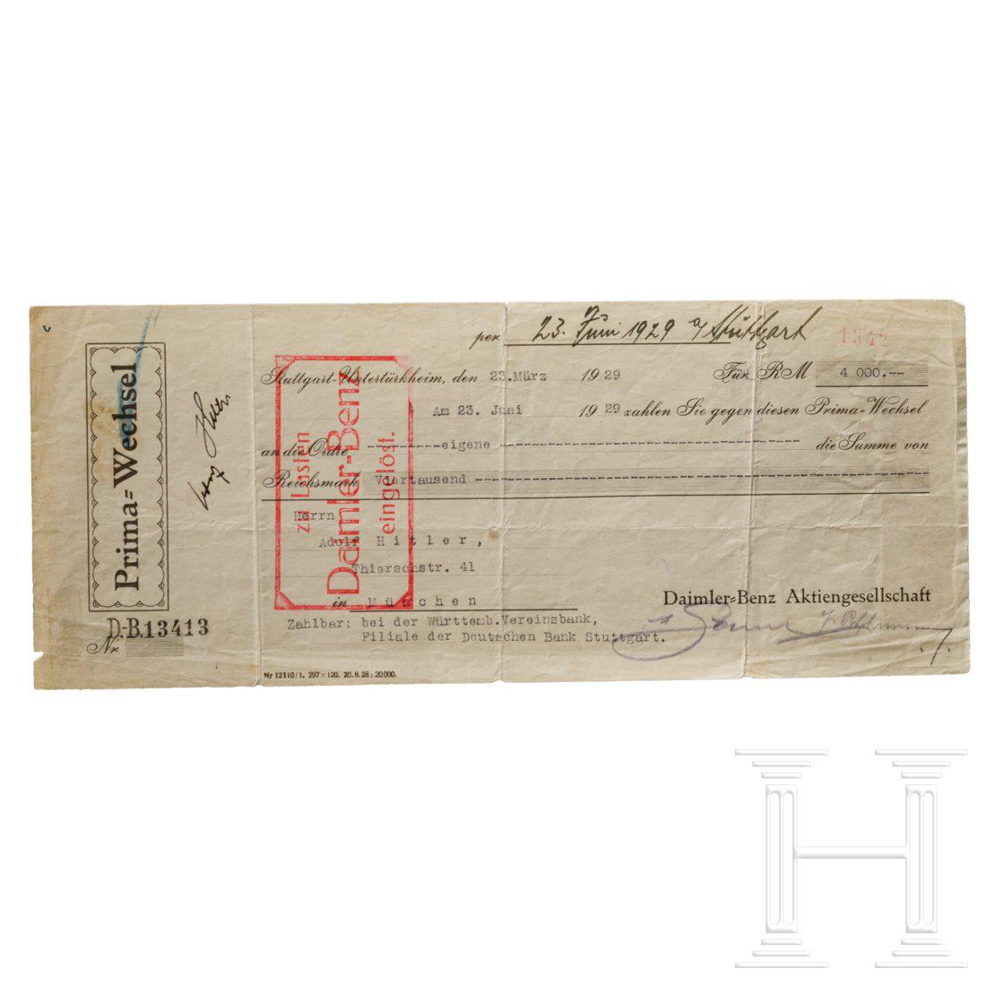 A draft of the Daimler-Benz AG for Hitler, dated June: Vorgedrucktes Formular "Prima=Wechsel D.-B. 13413" der Daimler-Benz AG in Stuttgart-UntertÃ¼rkheim mit maschinenschriftlichen ErgÃ¤nzungen, ausgestellt am 23.3.1929, der Wechsel fÃ¼r "Herrn Adol