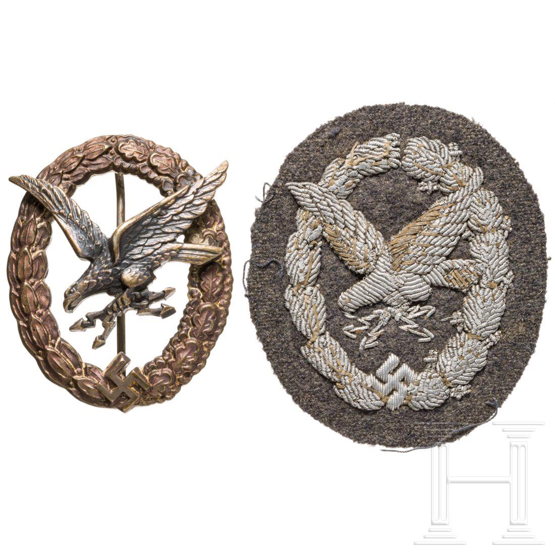 An Air Radio Operator Badge made by Assmann: Early non-ferrous badge, the silver-plated outside wreath with riveted, blued national eagle in flight, makers mark on the rear. Vertical needle. Cloth version also included. Two Belgian badges for in