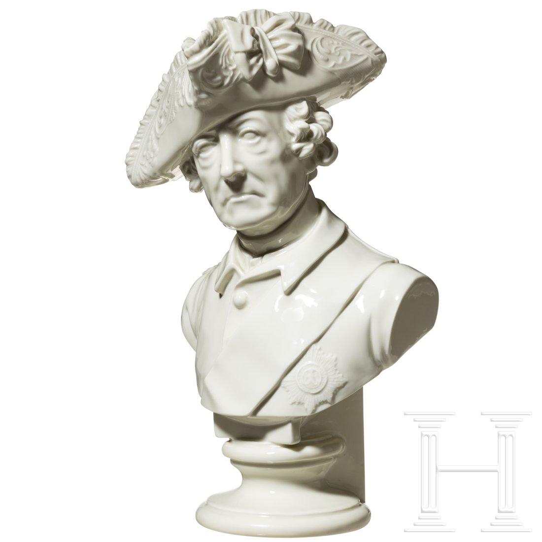 King Friedrich II of Prussia - a porcelain bust by the: Porzellan, weiÃŸ lasiert, Unterseite mit Modell-Nr. "752" und Zeichen der Manufaktur. Friedrich II. (der GroÃŸe), geb. 24. Januar 1712 in Berlin; gest. 17. August 1786 in Potsdam, vulgo "der Alte 