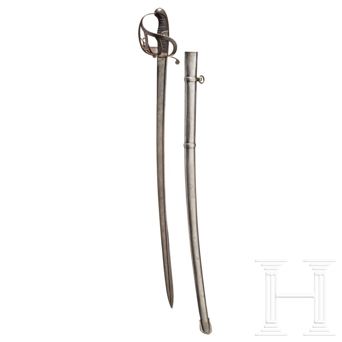 A sabre M 1852/79 for the cavalry: Leicht gekrÃ¼mmte SteckrÃ¼ckenklinge, an der Wurzel der Hersteller "F.A.Hermes Solingen", am RÃ¼cken gemarkt "W 85". Eisernes KorbgefÃ¤ÃŸ mit belederter Hilze, quartseitig der Truppenstempel