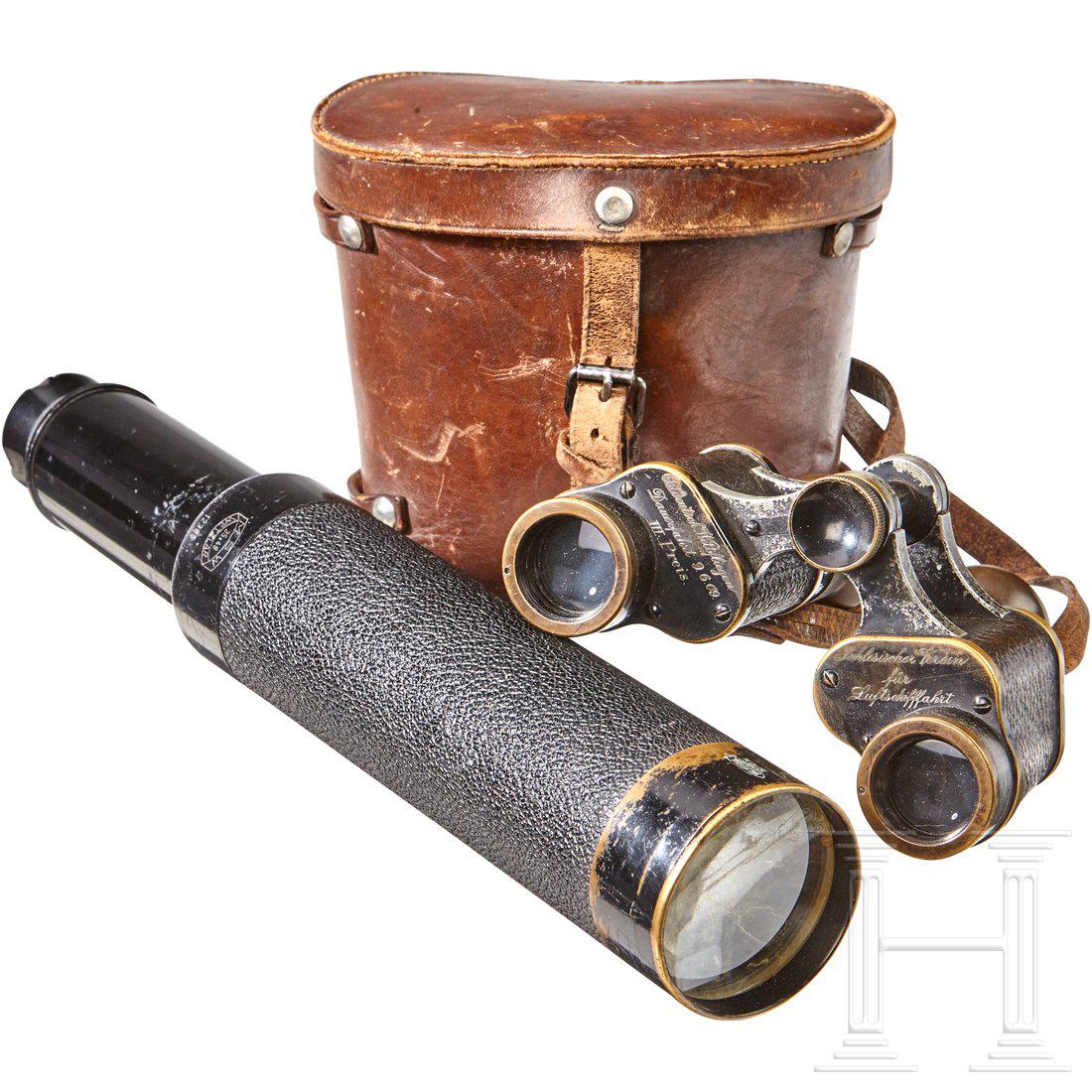 Binoculars and a Monocular: Binoculuars given as prize, with inscriptions "Ost deutsch Wettfliegen Dauerfahrt 9.6.09 III. Oreus." and "Schlessischer Verein fÃ¼r Luftschifffahrt", tr. "East German flying race endurance drive 9.