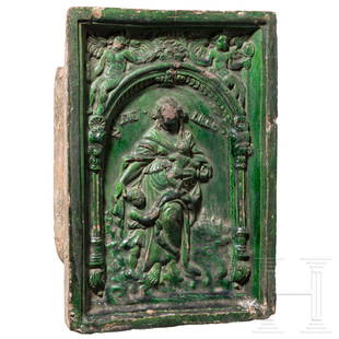 A rare green-glazed Renaissance tile, Nuremberg, 16th: On glazed side depicting a Madonna with child and child St. John. Marked "DIE LIEBE". Smaller damages due to age. Chipped. One crack. Dimensions 24,5 x 17,5 cm. Attention - shipping costs may exceed o