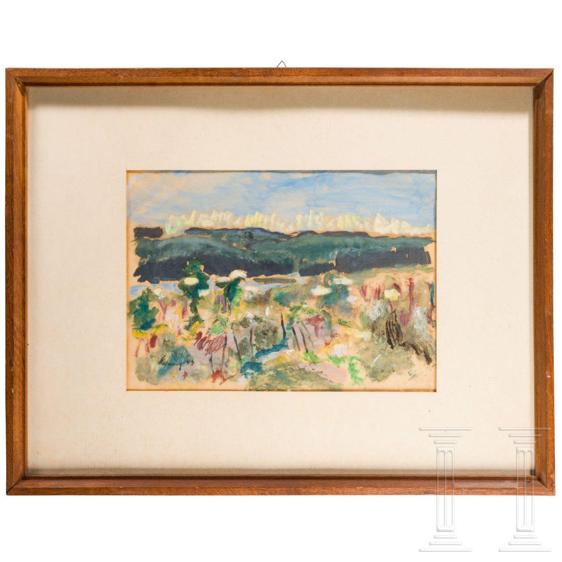 Edmund Kesting (* 1892 Dresden; â€ 1970 Birkenwerder),: Watercolour on paper. Depiction of landscape. Signed and dated "43" at lower left. Indicated indistinctly in red wax crayon behind. Framed behind glass. Signs of age. Minimally wavy. Dimensions with f