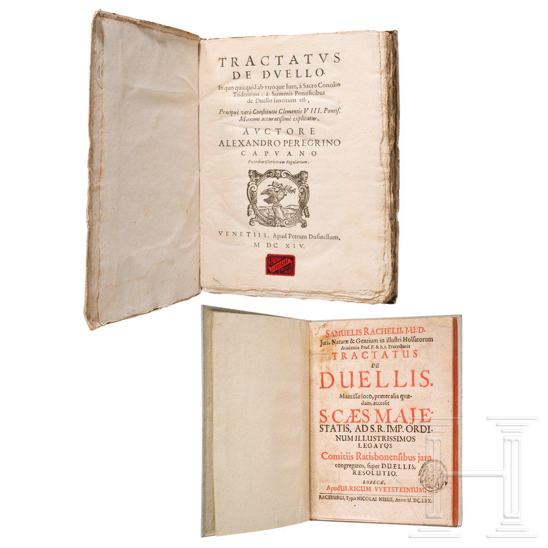 Two treatises on duels, 17th century: Alexandro Peregrino, Tractatus de Duello, Venedig 1614, mit 232 paginierten Seiten in lateinischer Sprache. Im originalen Pappeinband (kleine Fehlstellen), Quart, MaÃŸe 24 x 18 x 1,5 cm. Dazu Samuel