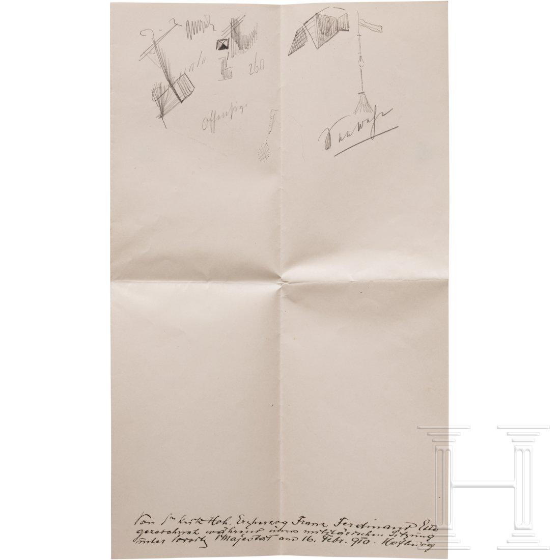 Archduke Franz Ferdinand of Austria-Este - pencil: GroÃŸer Doppelbogen Notizpapier (34 x 21 cm), die Frontseite mit einigen Zeichnungen geometrischer Art, aber auch einer Zeltspitze mit wehender Fahne, einem militÃ¤rischen Stander, WÃ¶rtern ("of