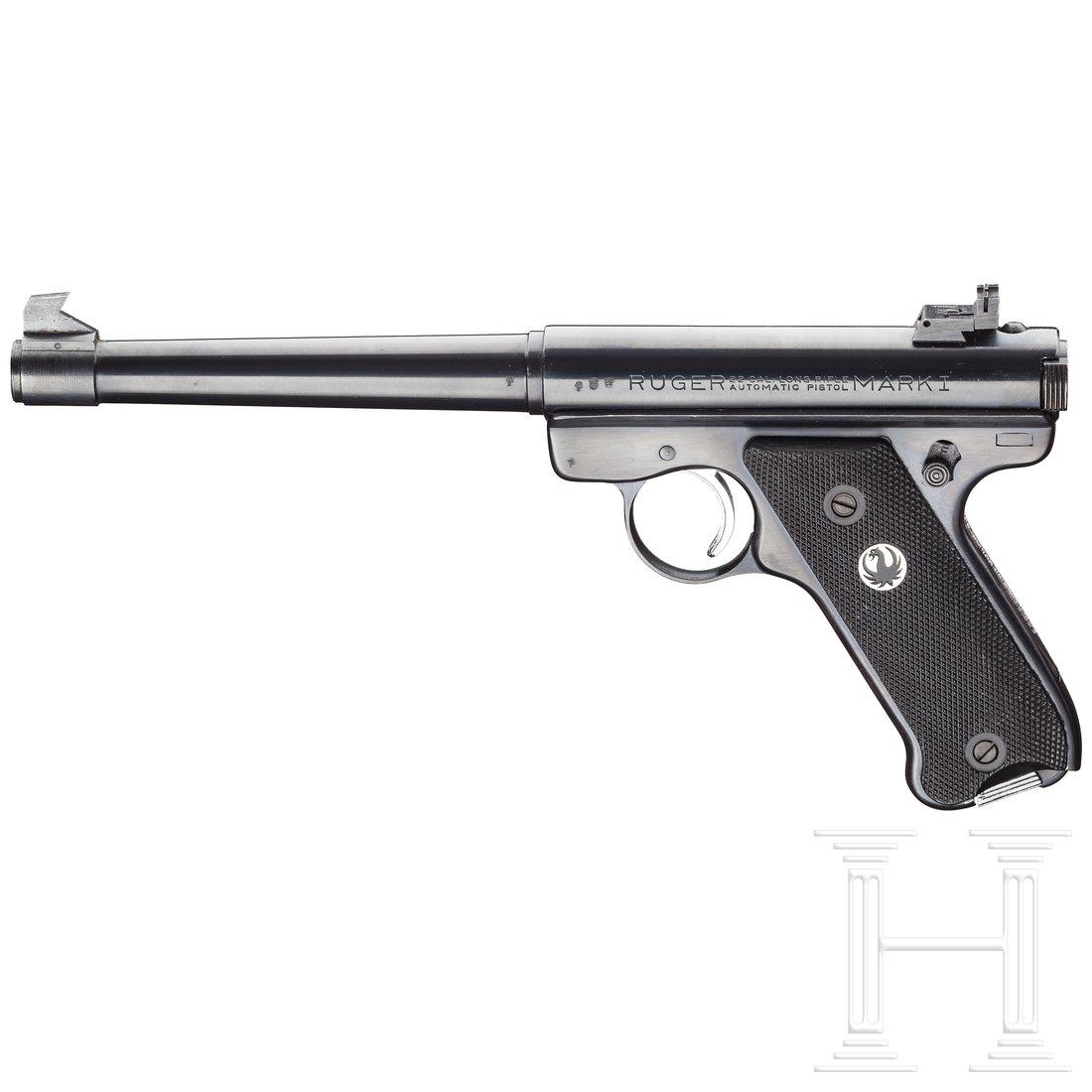 Ruger Mark I Target: Cal. .22 l.r., SN. 194298. Kal. .22 l.r., Nr. 194298. Blanker Lauf, LÃ¤nge 175 mm. ZehnschÃ¼ssig. Dt. Beschuss. Mikrovisier. Links Modell und Kaliber, rechts Firmierung. VollstÃ¤ndige, originale