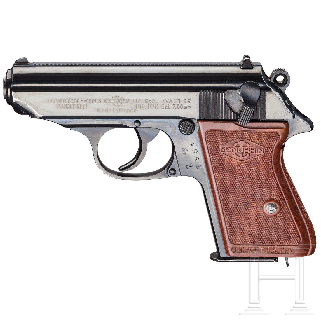 Walther-Manurhin PPK, Zoll: Cal. 7,65 mm, SN. 128994. Kal. 7,65 mm, Nr. 128994. Blanker Lauf. SiebenschÃ¼ssig. GÃ¼ltiger Beschuss. Fertigung 1956. Standardbeschriftung. Links am GriffstÃ¼ck inventarisiert mit "Z - Adler / 