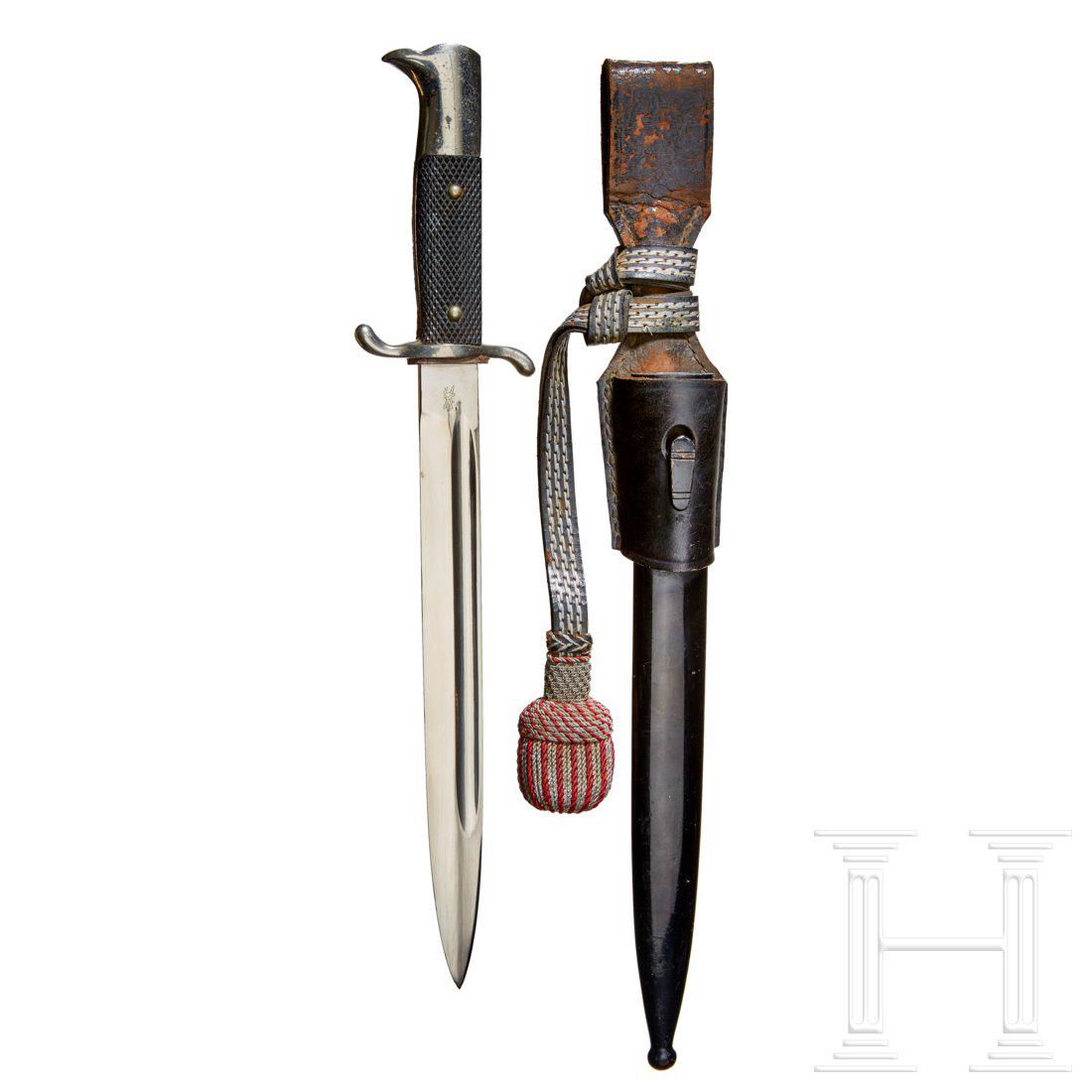 A Bayonet for Firepolice: Nickel-plated hilt with â€œS”-shaped cross guard and black checkered grip plates. Nickel-plated blade is non-sawtooth type. Manufacturer stamped â€œGARANTIE SOLINGEN”. Black painte