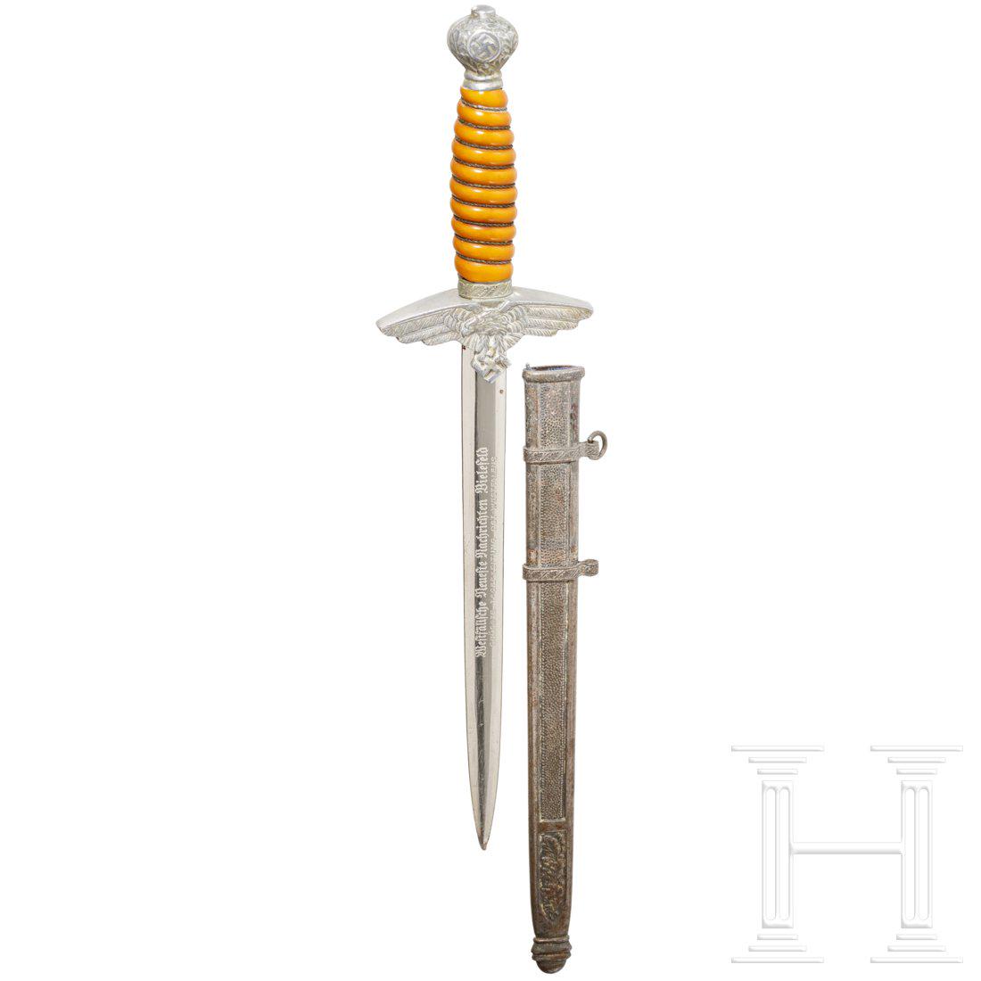 A miniature/letter opener of a German air force: Zerlegbare AusfÃ¼hrung. Vernickelte Klinge (sichtliche Gebrauchsspuren) mit punziertem SMF-Logo, terzseitige Aufschrift "WestfÃ¤lische Neueste Nachrichten Bielefeld - GrÃ¶sste Tageszeitung Ost-W