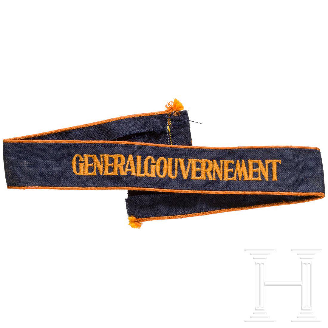 A cuff title "Generalgouvernement": Deutsche Post in den besetzten Ostgebieten. Orange auf Dunkelblau maschinengestickt. LÃ¤nge 53 cm, nahezu ungetragen, minimal fleckig. Condition: I -