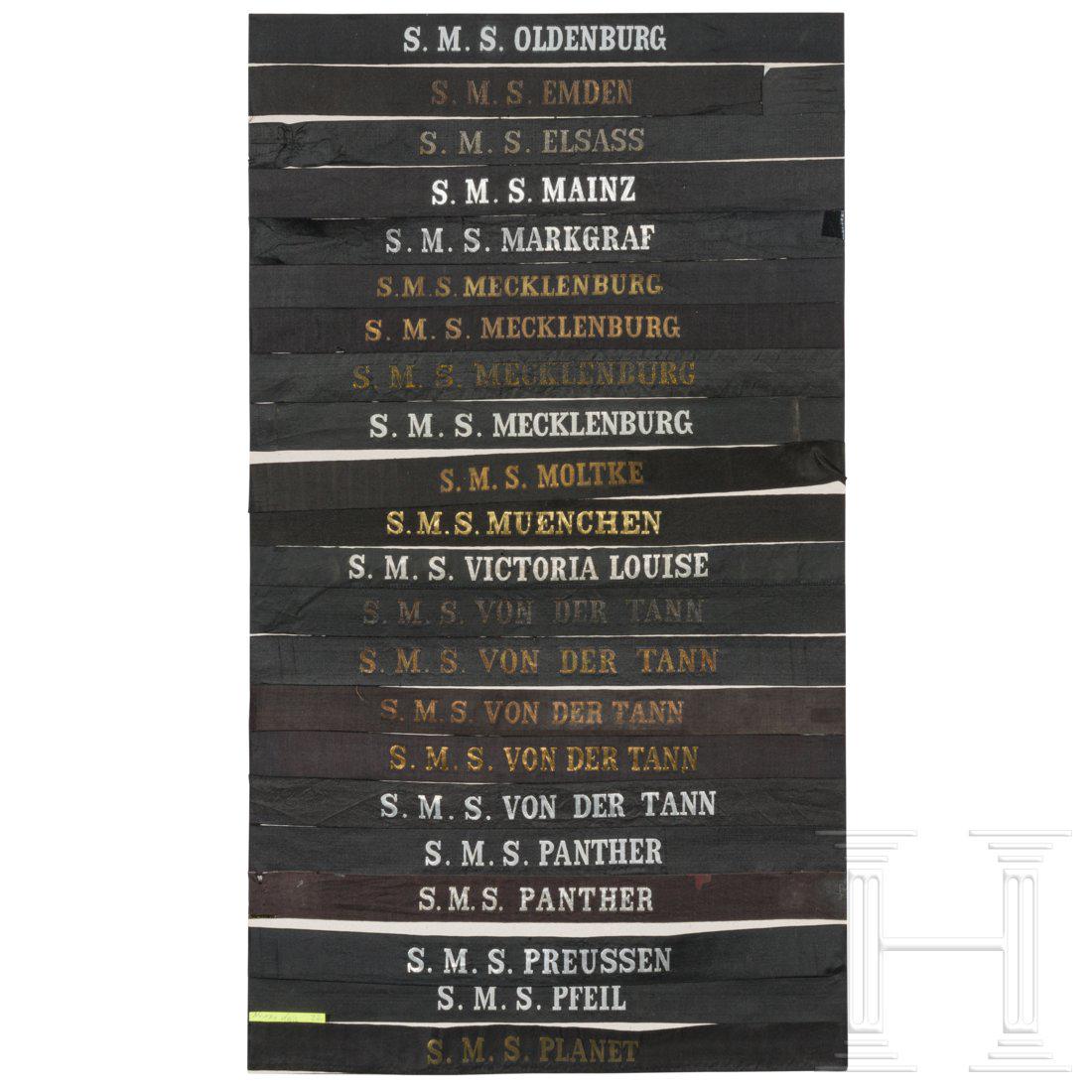 22 cap tallies from the German Imperial Navy: Schwarze BÃ¤nder mit gelb/gold bzw. weiÃŸ/silbern gewebter lateinischer Aufschrift, u.a. fÃ¼r Seiner MajestÃ¤t Schiffe "Von der Tann", "Panther" und "Pfeil". Teils stark gekÃ¼rzt bzw. gestÃ