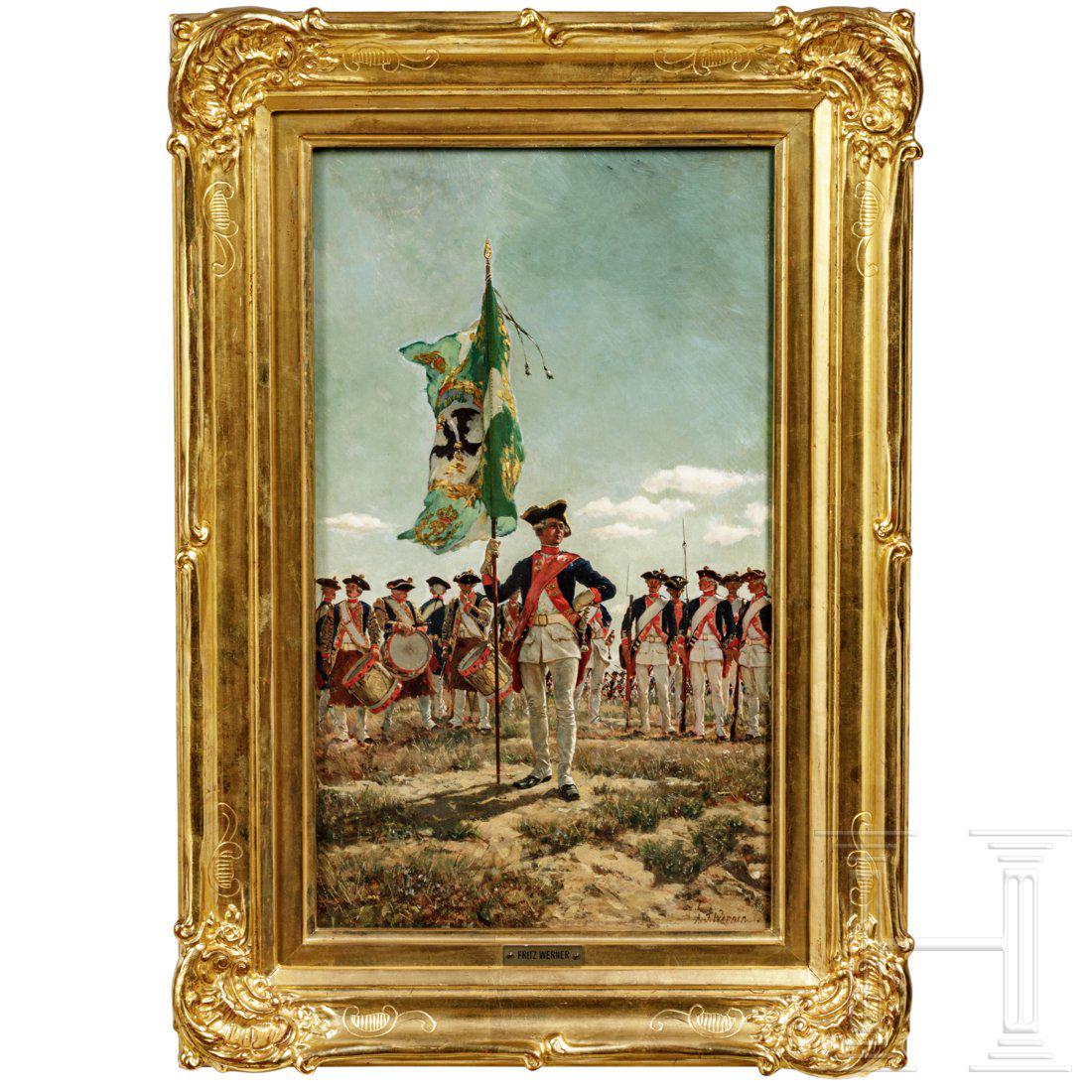 Fritz Werner (1827 - 1908) - A Frederician flag bearer: Ã–l auf Holz, unten rechts die Signatur "A.F. Werner" (Alexander Fritz Werner). Lebensechte Darstellung eines preuÃŸischen Fahnenjunkers vor Musketieren und Trommlern. Unter Glas, in reich relief