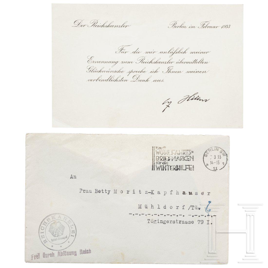 Betty Moritz - an acknowledgement card from Hitler for: Pre-printed card (11.2 x 17.3 cm) (tr.) "The Reich Chancellor â€“ Berlin February 1933 â€“ I would like to express my deepest thanks for your congratulations on my appointment as Reich Chanc