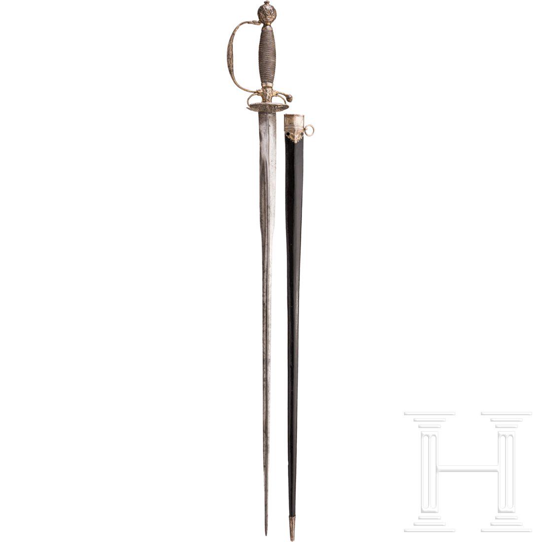 A French silver-mounted gallantry sword with scabbard,: Glatte Colichemarde-Stichklinge. Floral und mit mythologischen Szenen aufwendig reliefiert gearbeitetes BÃ¼gelgefÃ¤ÃŸ aus Silber mit Resten von Vergoldung. Silberne Kordeldrahthilze. Lederbezoge
