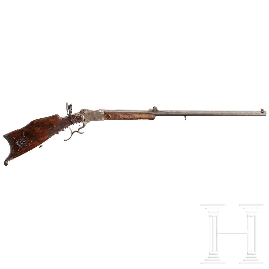 A "Feuerstutzen" (sports carbine) by Hellfritsch in: Cal. 9,3x47 R, SN. ohne, SN. zum Beschuss, leicht rauer Lauf, ZÃ¼ge und Felder aber scharf. LÃ¤nge 76 cm. Oktagonallauf. Originale, fleckige BrÃ¼nierung am Lauf. Martini-System. Quadrantvisier a