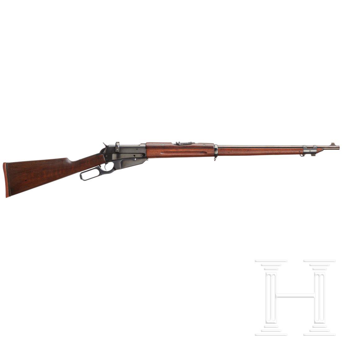 Winchester Mod. 1895, russischer Kontrakt: Cal. 7,62x54R, SN. 276997, SN. zum Beschuss, Blanker Lauf. LÃ¤nge 28â€œ. Dt. Beschuss. Linke Systemseite Firmierung und Patentdaten. Auf SystemhÃ¼lse â€ž7.62 M.M.â€œ. Rahmen- und Trepp
