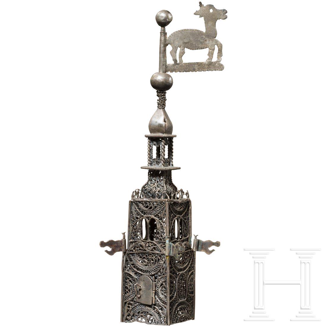 A silver tower of a besamin box, German, 1st half of (1 of 2)