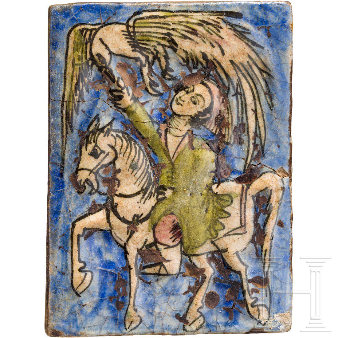 A Persian figural decorated ceramic tile, Kajar period, (1 of 2)