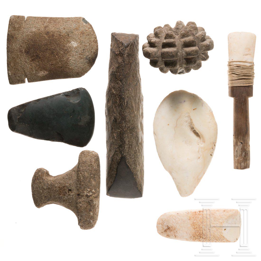 Seven South American stone tools and a mace head, (1 of 2)