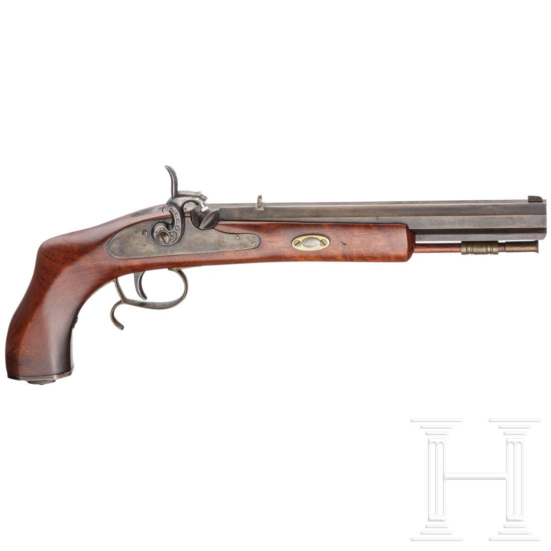 A percussion pistol by Jacobi in Iserlohn, collector's: Gezogener Oktagonallauf im Kaliber 10,5 mm, Perkussionsschloss, Halbschaft mit Messinggarnitur, hÃ¶lzerner Ladestock mit Messingdopper. Gebrauchsspuren. LÃ¤nge 40 cm.Condition: II