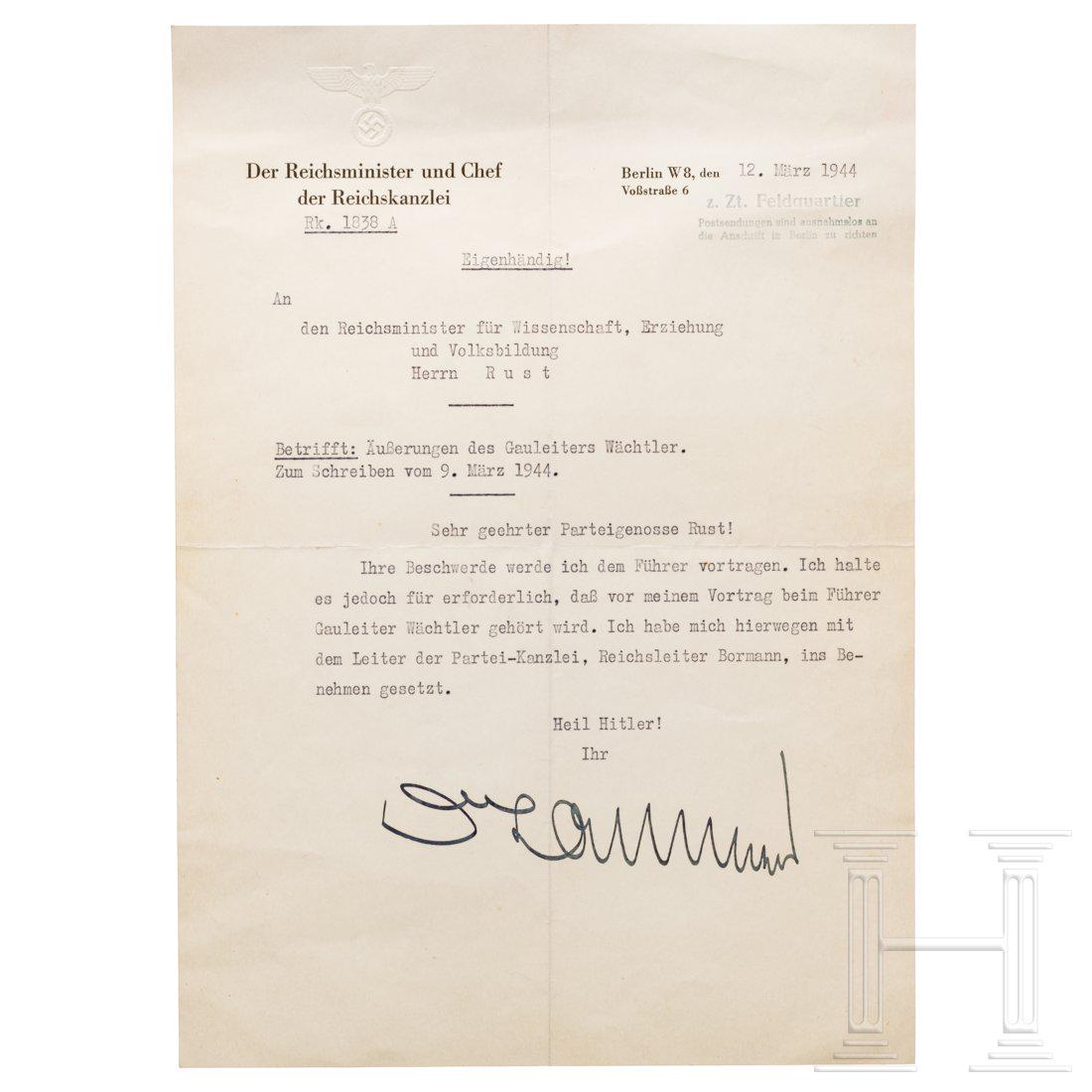Hans Heinrich Lammers - eigenhÃ¤ndig signiertes: Gedruckter Kopf "Der Reichsminister und Chef der Reichkanzlei" unter blindgeprÃ¤gtem Hoheitsadler, maschinenschriftlich verfasst. Eine Beschwerde Rusts Ã¼ber Ã„uÃŸerungen des Gauleiters Fritz