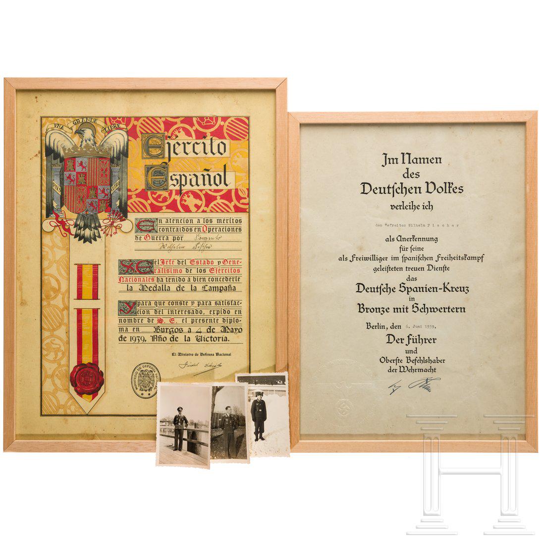 The estate of Private Wilhelm Fischer - deployment in: Urkunde zum Spanien-Kreuz in Bronze mit Schwertern, ausgestellt am 6.6.1939 mit Faksimile-Unterschrift A. Hitler, PrÃ¤gesiegel, in neuzeitlichem Holzrahmen unter Glas (MaÃŸe Rahmen 37,5 x 27,5 cm)